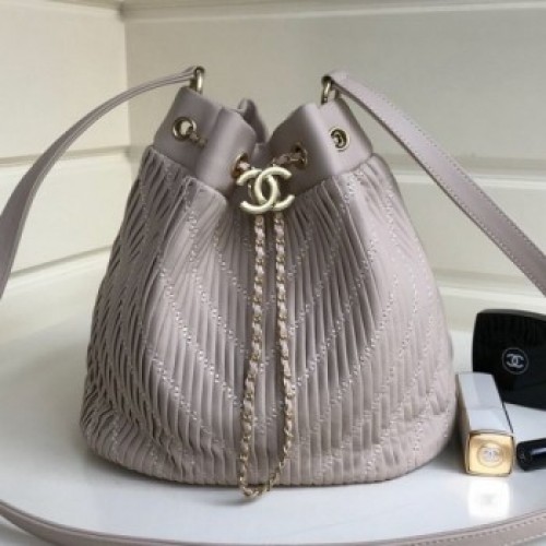 Chanel Chevron Pleated Bucket Bag Light Gray 2019 Collection AQ04003
