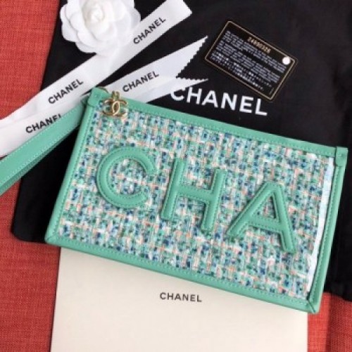 Chanel PVC and Tweed Small Pouch AP0359 Green 2019 Collection AQ01763 Chanel PVC and Tweed Small Pouch AP0359 Green 2019 Collection AQ01763