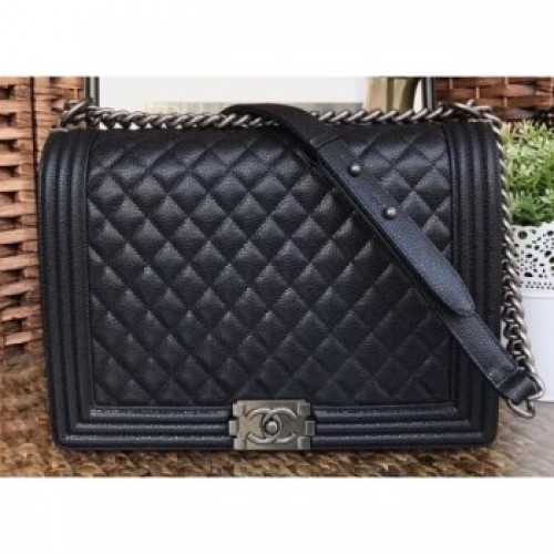 Chanel Caviar Leather Boy Flap Large Bag Black/Silver AQ01602