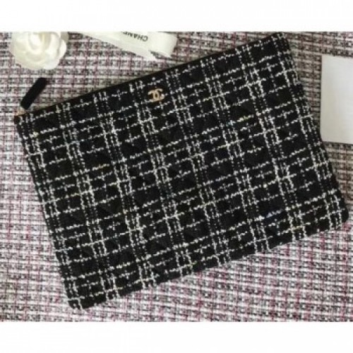 Chanel Cotton Tweed Classic Pouch Clutch Bag A82545 Black 2019 AQ01312 Chanel Cotton Tweed Classic Pouch Clutch Bag A82545 Black 2019 AQ01312