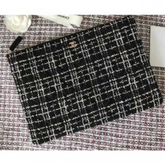 Chanel Cotton Tweed Classic Pouch Clutch Bag A82545 Black 2019 AQ01312 Chanel Cotton Tweed Classic Pouch Clutch Bag A82545 Black 2019 AQ01312