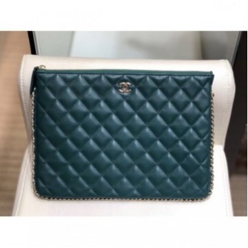 Chanel Quilted Lambskin Chain Trim Pouch AP0638 Green 2019 Collection AQ03752 Chanel Quilted Lambskin Chain Trim Pouch AP0638 Green 2019 Collection AQ03752