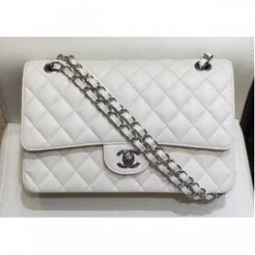 Chanel Grained Caflskin Medium Classic Flap Bag A01112 White With Silver Hardware AQ04259