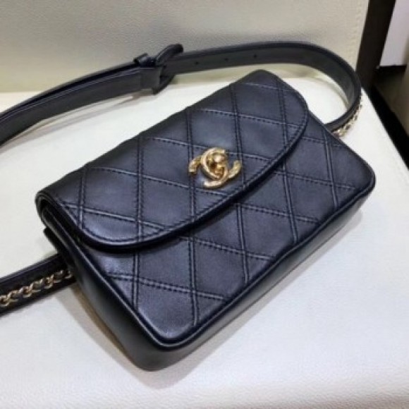 Chanel Lambskin Flap Waist Bag/Belt Bag A88612 Black 2019 Collection AQ03719 Chanel Lambskin Flap Waist Bag/Belt Bag A88612 Black 2019 Collection AQ03719