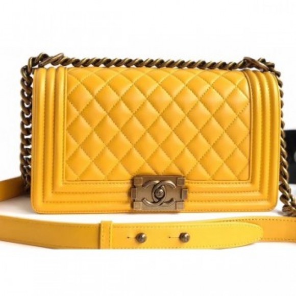 Chanel Lambskin Boy Flap Medium Bag Yellow/Gold AQ00843 Chanel Lambskin Boy Flap Medium Bag Yellow/Gold AQ00843