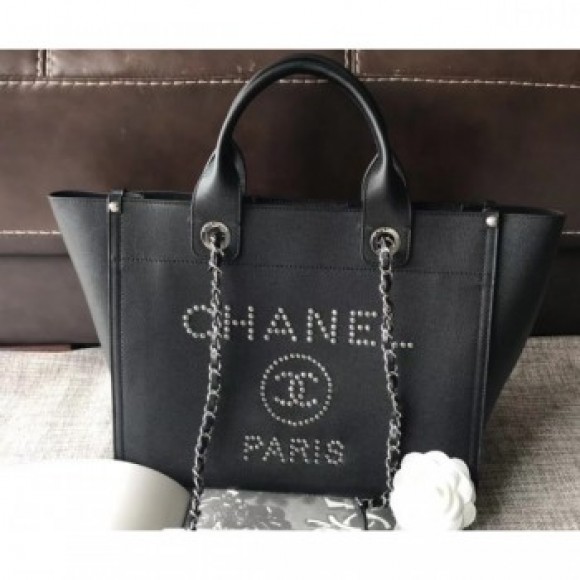 Chanel Studded Calfskin Deauville Small Shopping Bag Black 2018 AQ04211 Chanel Studded Calfskin Deauville Small Shopping Bag Black 2018 AQ04211