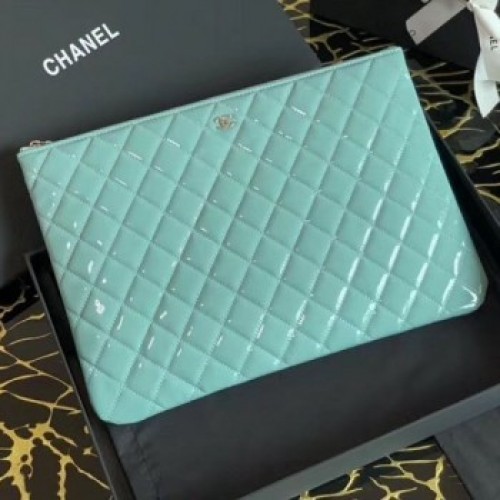 Chanel Quilted Patent Leather Large Pouch Blue 2020 Collection AQ02248 Chanel Quilted Patent Leather Large Pouch Blue 2020 Collection AQ02248