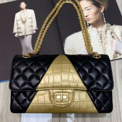 Chanel Quilted Lambskin and Crocodile Embossed Calfskin Medium 2.55 Flap Bag A37586 Black 2019 Collection AQ00934 Chanel Quilted Lambskin and Crocodile Embossed Calfskin Medium 2.55 Flap Bag A37586 Black 2019 Collection AQ00934