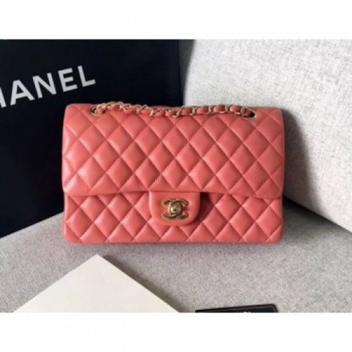 Chanel original quality Medium Classic Flap Bag 1112 peach pink in sheepskin with gold Hardware AQ02897 Chanel original quality Medium Classic Flap Bag 1112 peach pink in sheepskin with gold Hardware AQ02897