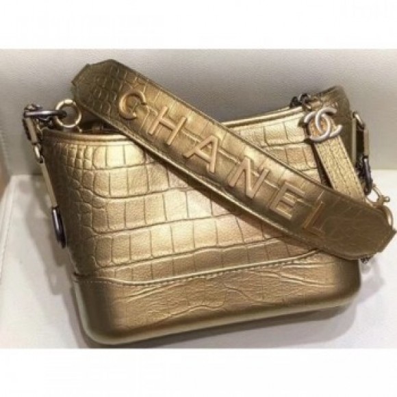 Chanel Crocodile Embossed Calfskin Gabrielle Small Hobo Bag AS0865 Metallic Gold 2019 AQ03335 Chanel Crocodile Embossed Calfskin Gabrielle Small Hobo Bag AS0865 Metallic Gold 2019 AQ03335