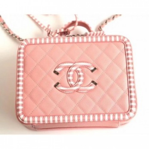 Chanel Striped Grained CC Filigree Vanity Case Medium Bag A93343 Pink 2019 AQ03525 Chanel Striped Grained CC Filigree Vanity Case Medium Bag A93343 Pink 2019 AQ03525