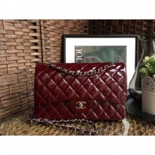 Chanel Classic jumbo Flap Bag 1113 burgundy in patent leather with silver Hardware AQ04102