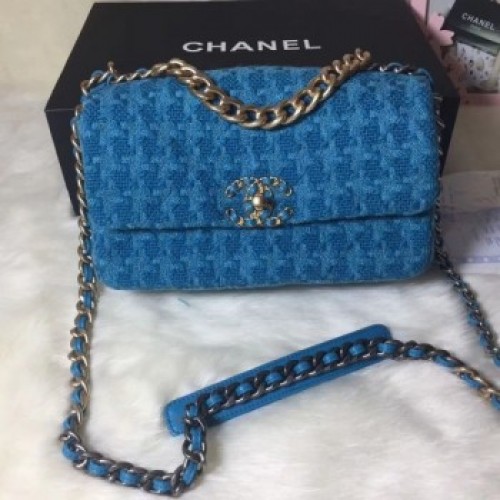 Chanel 19 Houndstooth Tweed Small Flap Bag AS1160 Blue 2019 Collection AQ03504