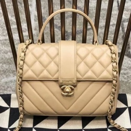 Chanel Quilted and Chevron Calfskin Flap Bag with Handle AS0804 Beige 2019 Collection AQ03345