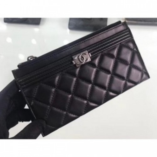 Chanel Lambskin Boy Pouch Clutch Bag A84478 Black/Silver AQ00877