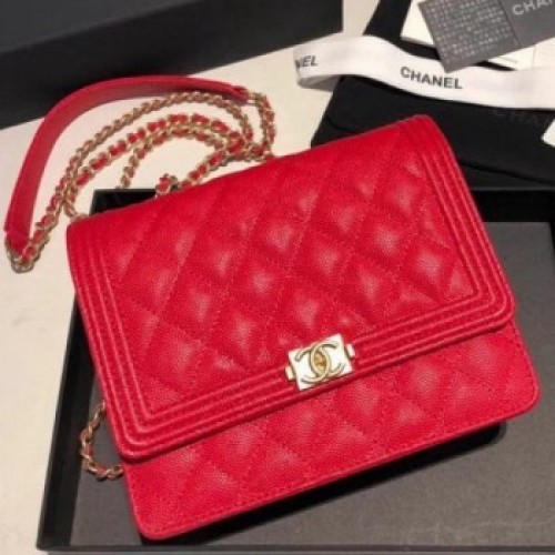Chanel Grained Calfskin Boy Square Wallet on Chain WOC Red 2018 Collection AQ02518
