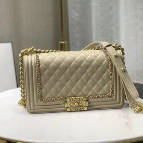 Chanel Quilted Calfskin Chain Medium Boy Flap Bag A67086 Beige 2019 Collection AQ03400