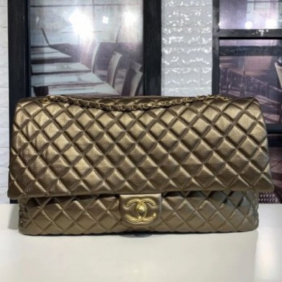 Chanel Quilted Calfskin Maxi Classic Flap Boarding Bag A91169 Champagne Gold 2020 Collection AQ02714 Chanel Quilted Calfskin Maxi Classic Flap Boarding Bag A91169 Champagne Gold 2020 Collection AQ02714