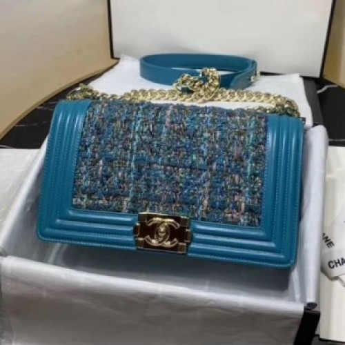 Chanel Tweed Medium Boy Flap Bag Blue/Multicolor 2019 Collection AQ03356