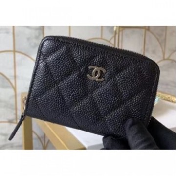 Chanel Classic Small Zipped Coin Purse 69272 Grained Calfskin Black/Silver AQ00534