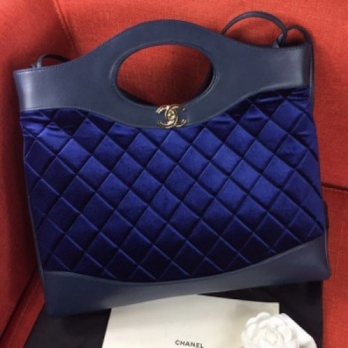 Chanel Quilted Velvet 31 Medium Shopping Bag Blue 2019 Collection AQ03885 Chanel Quilted Velvet 31 Medium Shopping Bag Blue 2019 Collection AQ03885