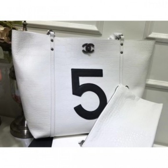 Chanel Number 5 Croco Pattern Shopping Tote Bag White 2019 AQ02648 Chanel Number 5 Croco Pattern Shopping Tote Bag White 2019 AQ02648