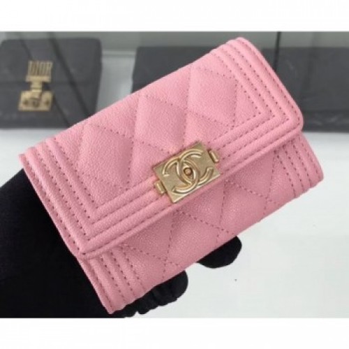Chanel Grained Calfskin Boy Flap Card Holder A80603 Pink/Gold AQ02128