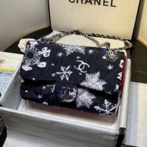 Chanel Quilted Fabric Snowflake Print Medium Flap Bag Black 2020 Collection AQ01023 Chanel Quilted Fabric Snowflake Print Medium Flap Bag Black 2020 Collection AQ01023