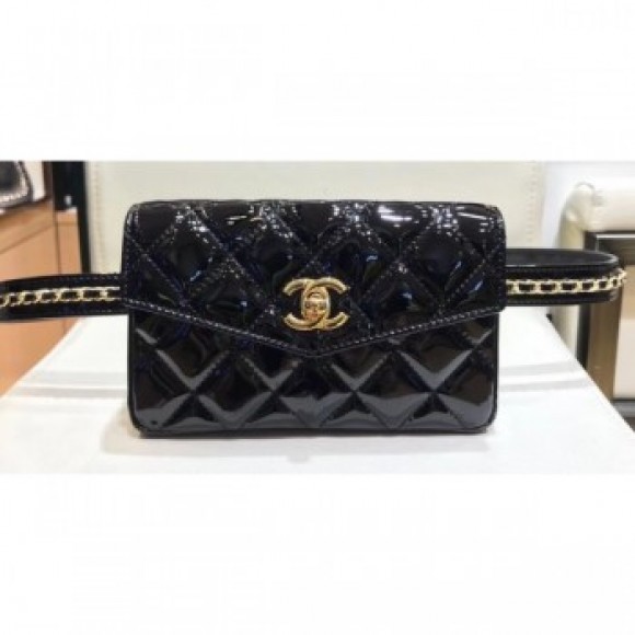 Chanel Vintage Chain Belt Quilted Fanny Pack Waist Flap Bag Patent Black AQ01868 Chanel Vintage Chain Belt Quilted Fanny Pack Waist Flap Bag Patent Black AQ01868
