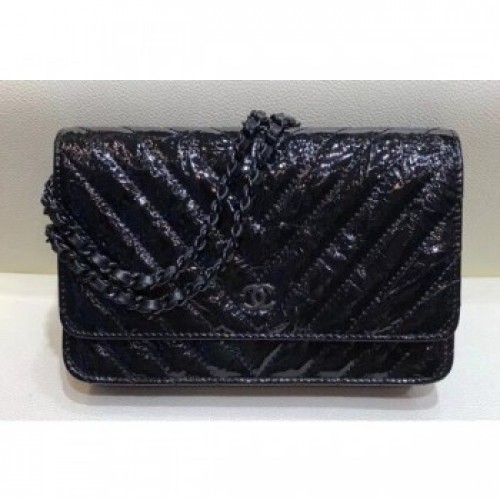 Chanel Patent Metallic Crumpled Calfskin Wallet On Chain WOC Bag Chevron Black 2018 AQ02289 Chanel Patent Metallic Crumpled Calfskin Wallet On Chain WOC Bag Chevron Black 2018 AQ02289