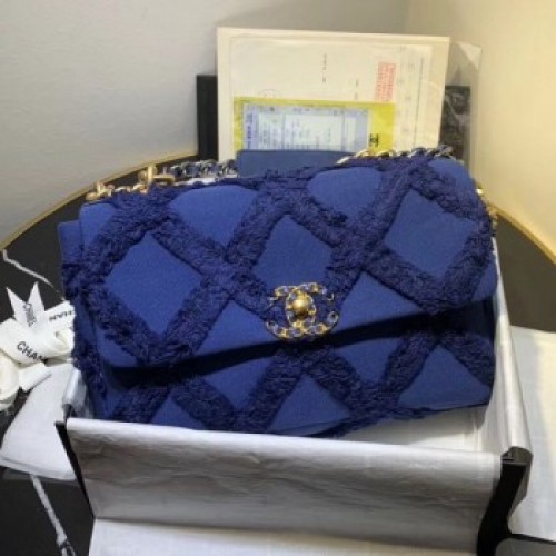 Chanel 19 Large Maxi-Quilted Fringe Canvas Flap Bag AS1161 Blue 2020 Collection AQ02740