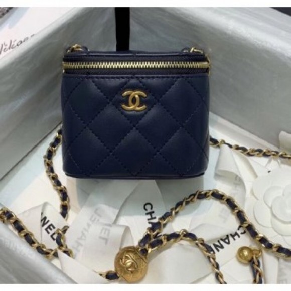 Chanel Lambskin Small Classic Box with Chain And Gold Metal Ball AP1447 Navy Bl;ue 2020 Collection AQ01293 Chanel Lambskin Small Classic Box with Chain And Gold Metal Ball AP1447 Navy Bl;ue 2020 Collection AQ01293