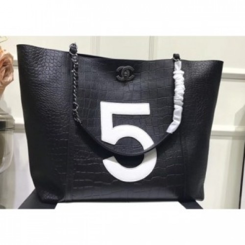 Chanel Number 5 Croco Pattern Shopping Tote Bag Black 2019 AQ04011