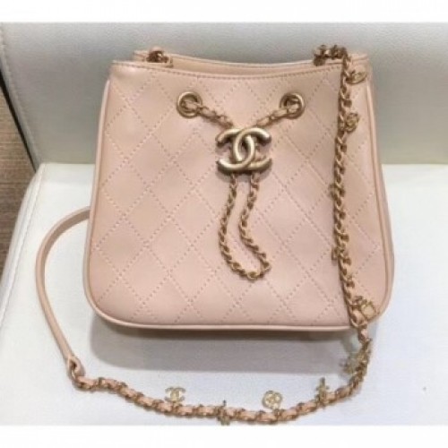 Chanel Charms Lambskin Drawstring Bucket Mini Bag Beige 2019 AQ01033