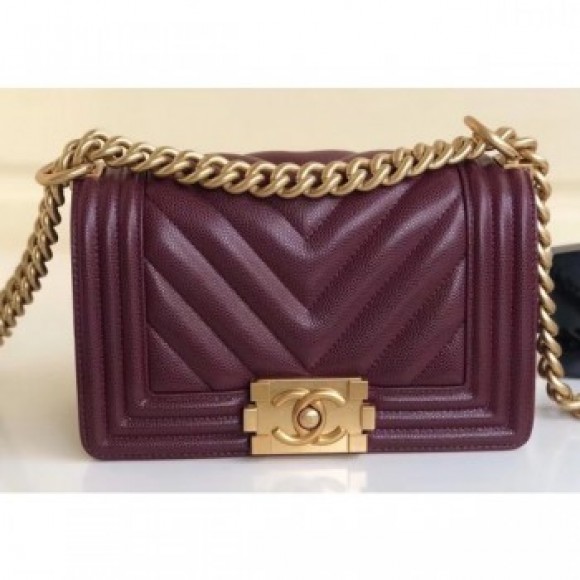 Chanel Caviar Leather Chevron Boy Flap Small Bag Burgundy/Gold AQ02899 Chanel Caviar Leather Chevron Boy Flap Small Bag Burgundy/Gold AQ02899