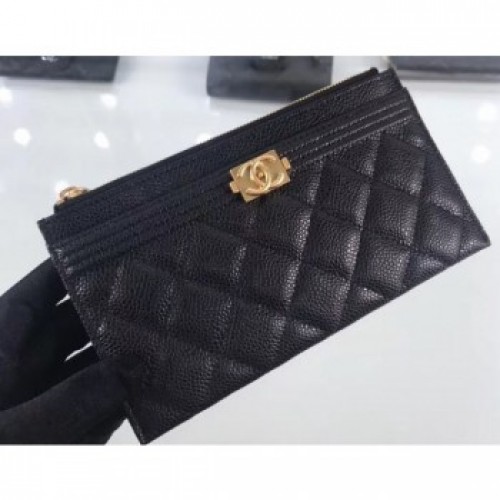 Chanel Grained Leather Boy Pouch Clutch Bag A84478 Black/Gold AQ01916