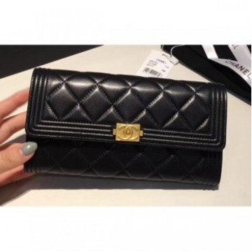 Chanel Gold-Tone Metal Lambskin Boy Flap Wallet Black AQ00893