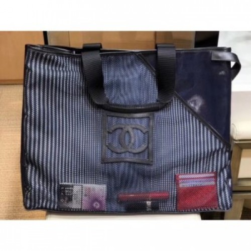 Chanel Mesh and PVC Shopping Tote Large Bag Navy Blue 2019 AQ02440