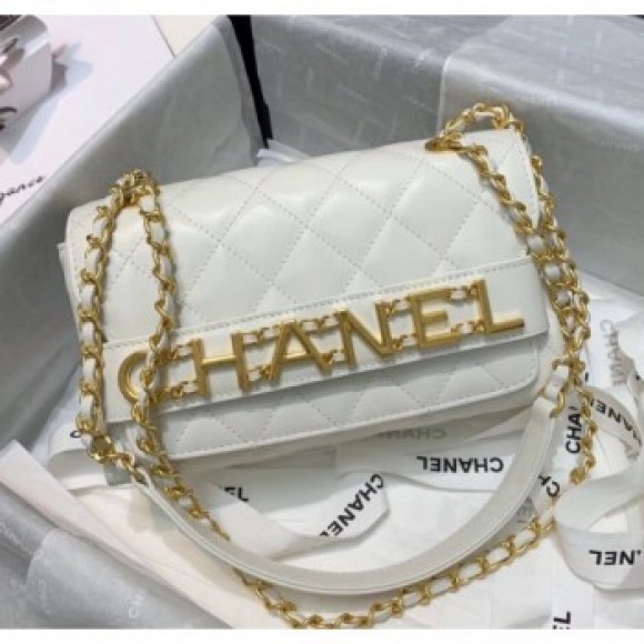 Chanel Calfskin Small Flap Bag With Logo Chain AS1490 White 2020 Collection AQ00929 Chanel Calfskin Small Flap Bag With Logo Chain AS1490 White 2020 Collection AQ00929