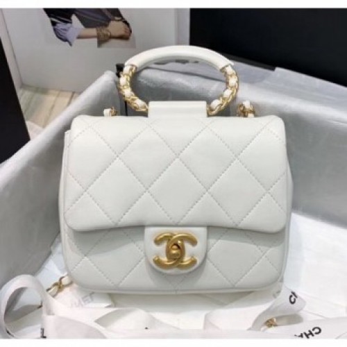 Chanel Quilted Lambskin Small Flap Bag with Ring Handle AS1357 White 2020 Collection AQ02662 Chanel Quilted Lambskin Small Flap Bag with Ring Handle AS1357 White 2020 Collection AQ02662