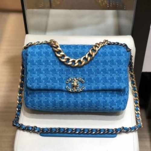 Chanel 19 Houndstooth Wool Tweed Large Flap Bag AS1161 Bright Blue 2019 Collection AQ03825 Chanel 19 Houndstooth Wool Tweed Large Flap Bag AS1161 Bright Blue 2019 Collection AQ03825