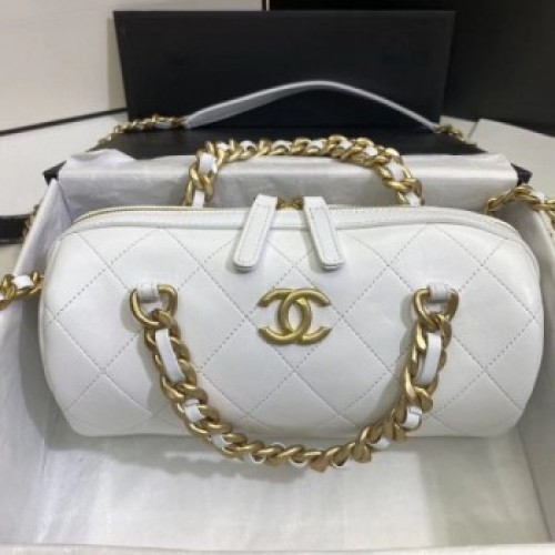 Chanel Quilted Lambskin Bowling Bag with Chain Handle White 2020 Collection AQ02664