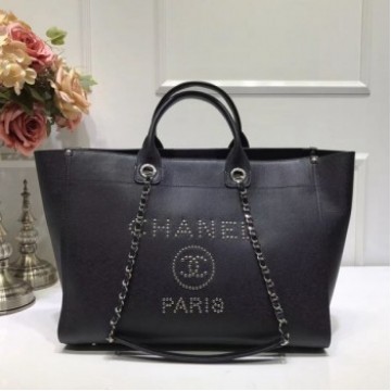 Chanel Deauville Grained Calfskin Large Shopping Bag A57067 Black/Silver 2019 Collection AQ03767