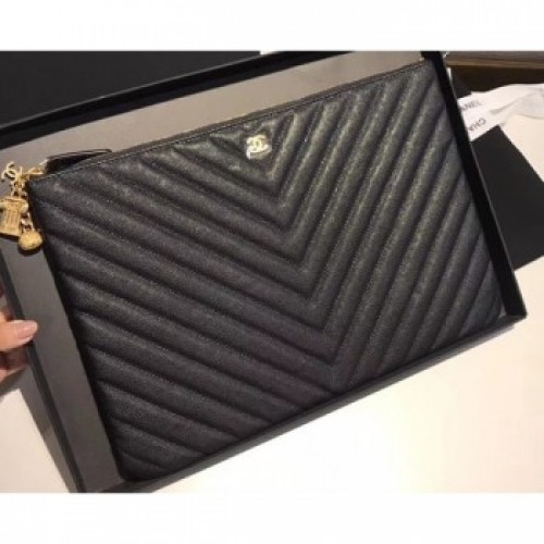 Chanel Caviar Leather Owl Charms Chevron Pouch Clutch Large Bag A82545 Black 2018 AQ02524 Chanel Caviar Leather Owl Charms Chevron Pouch Clutch Large Bag A82545 Black 2018 AQ02524