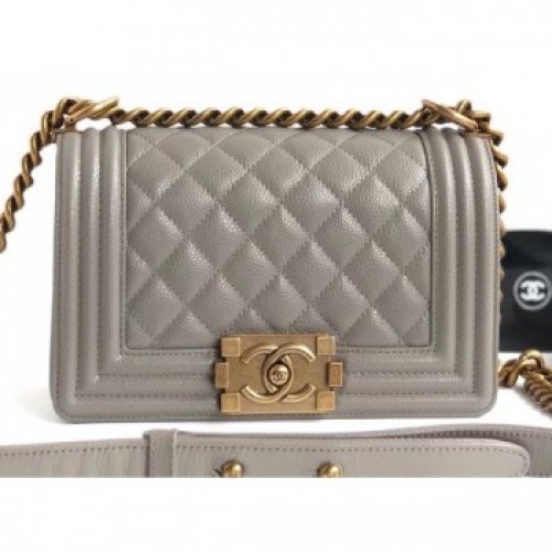 Chanel Caviar Leather Boy Flap Small Bag Pale Gray/Gold AQ03938 Chanel Caviar Leather Boy Flap Small Bag Pale Gray/Gold AQ03938