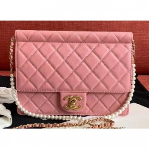 Chanel Lambskin with Pearls Small Flap Bag AS0582 Pink 2019 AQ02716 Chanel Lambskin with Pearls Small Flap Bag AS0582 Pink 2019 AQ02716