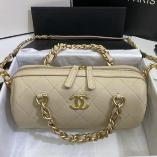 Chanel Quilted Lambskin Bowling Bag with Chain Handle Light Beige 2020 Collection AQ01519 Chanel Quilted Lambskin Bowling Bag with Chain Handle Light Beige 2020 Collection AQ01519