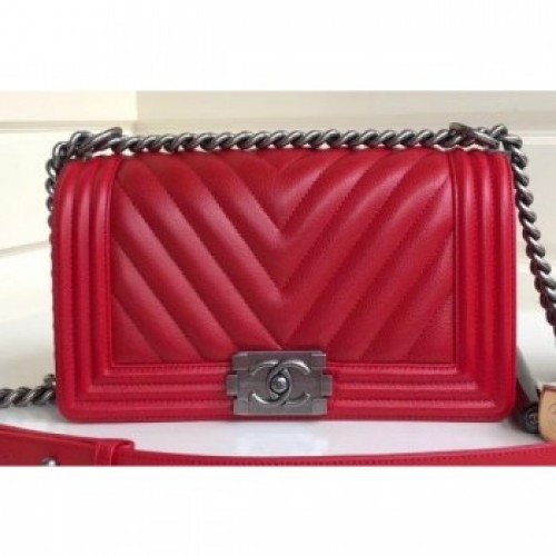Chanel Caviar Leather Chevron Boy Flap Medium Bag Red/Silver AQ03176