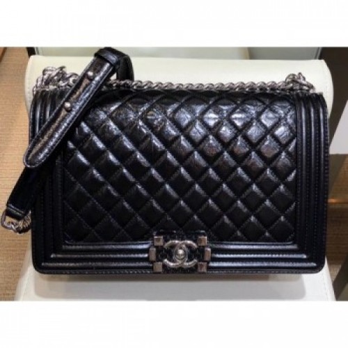 Chanel Medium Metallic Crumpled Waxy Leather Resin Boy Flap Shoulder Bag Black AQ04054