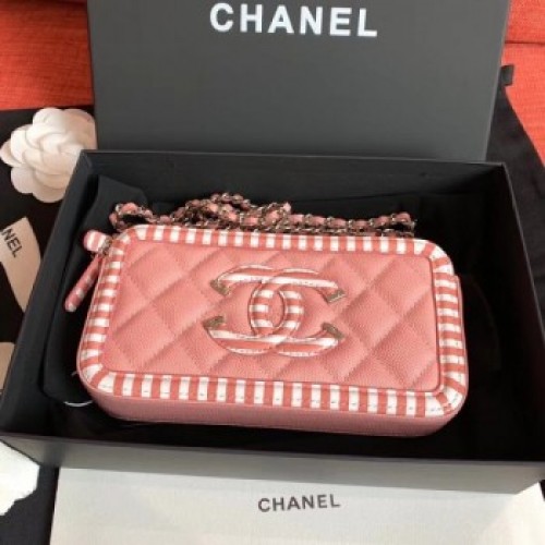 Chanel Striped Grained Calfskin CC Filigree Clutch With Chain Bag A84450 Pink 2019 AQ02030 Chanel Striped Grained Calfskin CC Filigree Clutch With Chain Bag A84450 Pink 2019 AQ02030